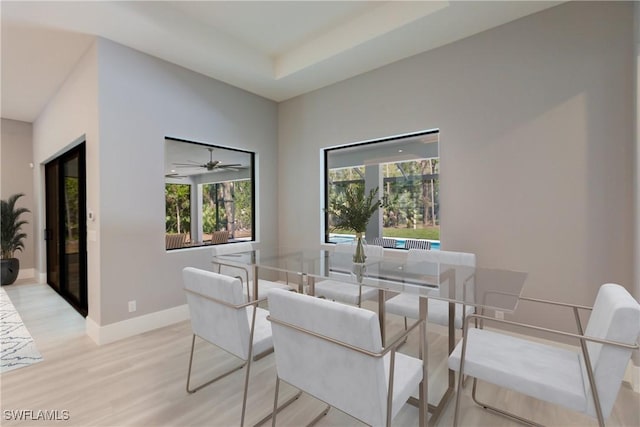 dining space featuring ceiling fan, light hardwood / wood-style flooring, and a tray ceiling