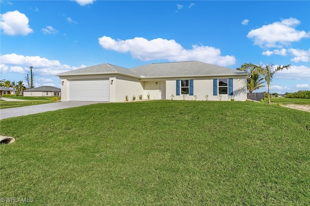 single story home featuring a garage and a front lawn