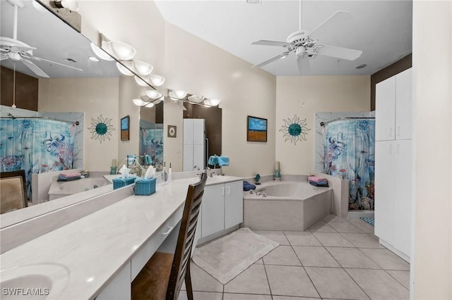 bathroom with tile patterned floors, vanity, ceiling fan, and shower with separate bathtub