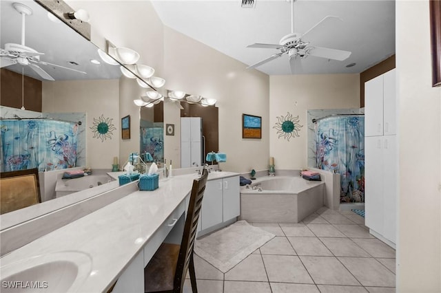 bathroom with tile patterned flooring, vanity, separate shower and tub, and ceiling fan