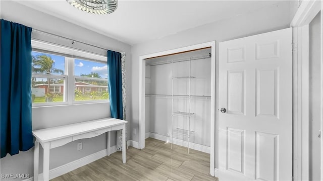 interior space with light hardwood / wood-style floors and a closet