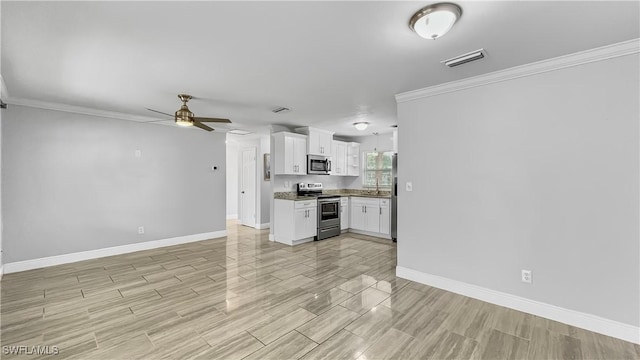 kitchen with white cabinets, ceiling fan, crown molding, and appliances with stainless steel finishes