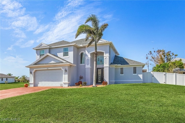 view of front facade with a front yard and a garage