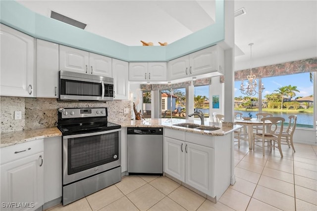 kitchen featuring white cabinetry, sink, kitchen peninsula, stainless steel appliances, and a water view