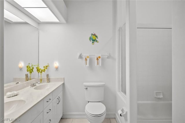 full bathroom featuring tiled shower / bath combo, a skylight, vanity, tile patterned floors, and toilet