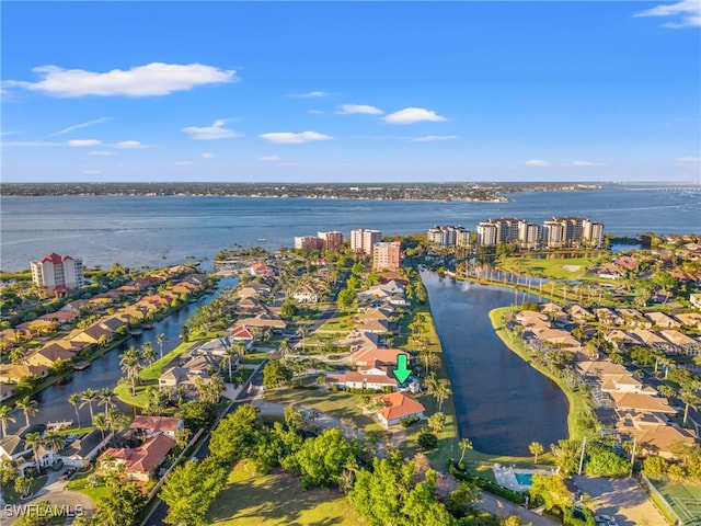 drone / aerial view with a water view