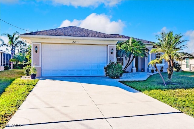 view of front of house with a garage and a front lawn