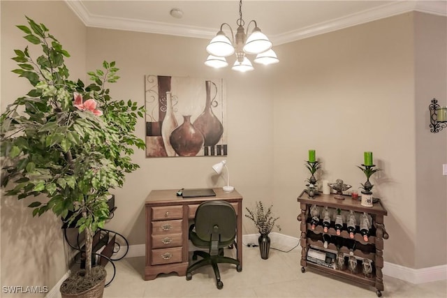 office space featuring light tile patterned flooring, ornamental molding, and a notable chandelier