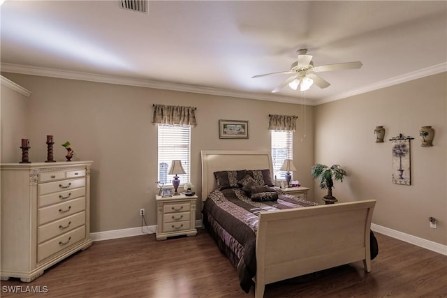 bedroom with multiple windows, dark hardwood / wood-style flooring, ceiling fan, and crown molding