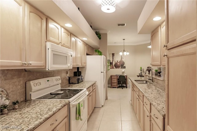 kitchen featuring sink, an inviting chandelier, decorative light fixtures, white appliances, and light brown cabinetry