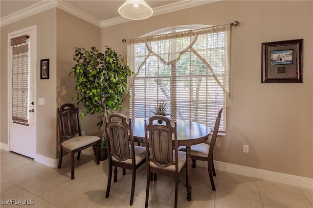 tiled dining space with ornamental molding