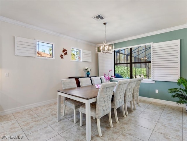 tiled dining room with crown molding and a notable chandelier