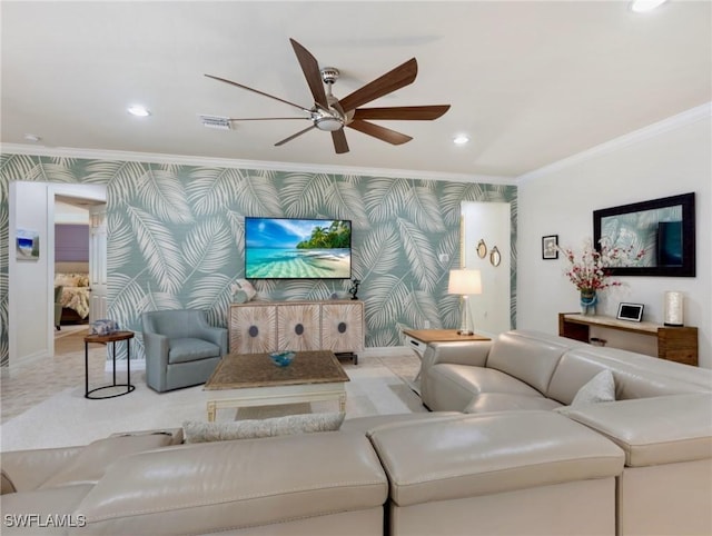 living room featuring crown molding and ceiling fan