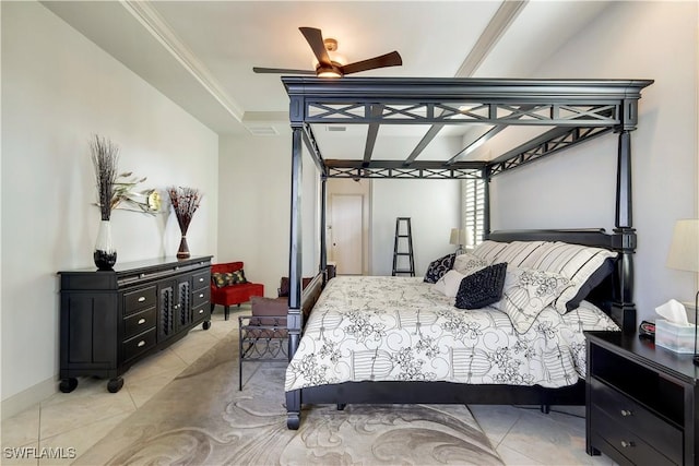 bedroom featuring ceiling fan, ornamental molding, and light tile patterned flooring