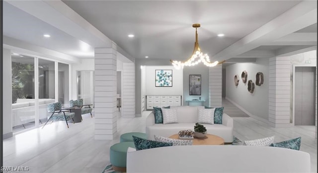 sunken living room with a notable chandelier, beam ceiling, and recessed lighting