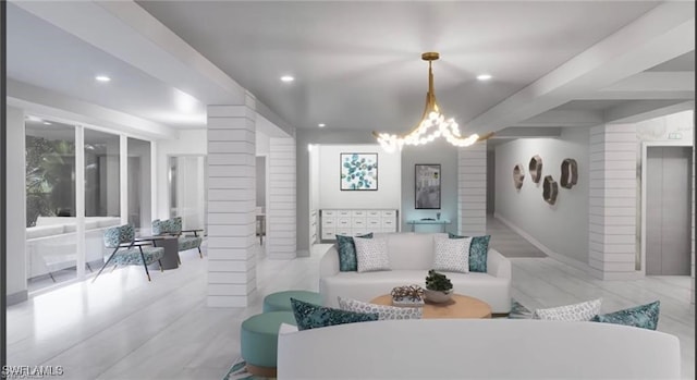 1 Bluebill Ave Unit 503, Naples, FL 34108 - living area with a chandelier, recessed lighting, and decorative columns