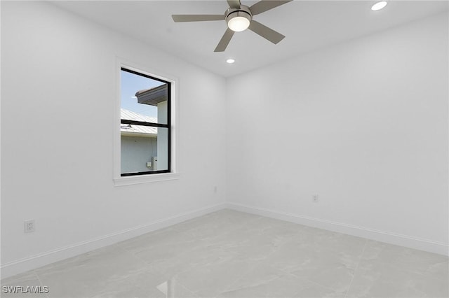 unfurnished room featuring recessed lighting, baseboards, and ceiling fan