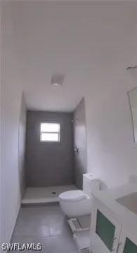 bathroom with toilet, vanity, and walk in shower