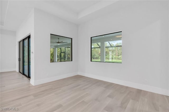 empty room with ceiling fan and light hardwood / wood-style flooring