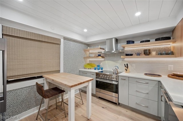 kitchen featuring light wood-type flooring, backsplash, wall chimney exhaust hood, gray cabinetry, and electric range