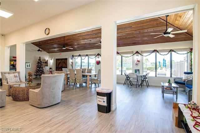 living room featuring wood-type flooring, ceiling fan, lofted ceiling, and wood ceiling