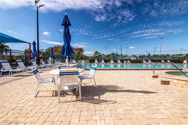 view of pool with a patio and a hot tub