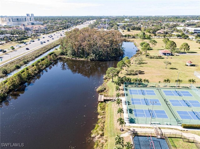 bird's eye view with a water view