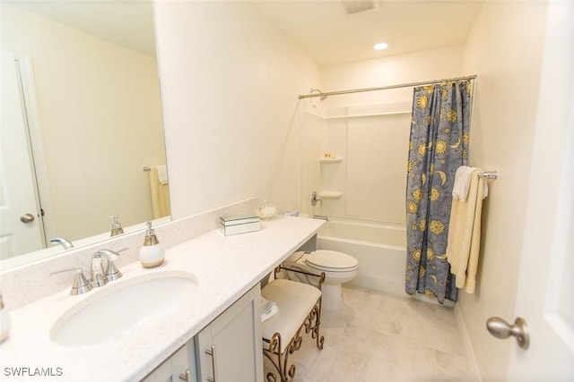 full bathroom featuring vanity, shower / tub combo, tile patterned floors, and toilet