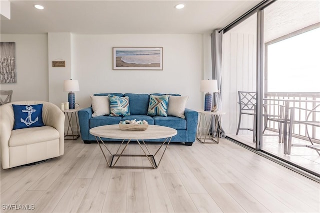 living room featuring hardwood / wood-style floors and a wall of windows