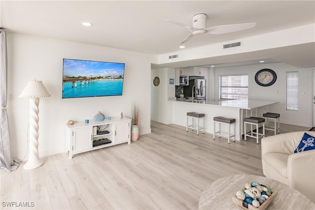 living room with ceiling fan, light hardwood / wood-style floors, and sink