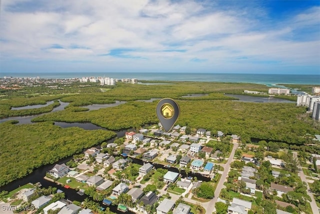 aerial view featuring a water view