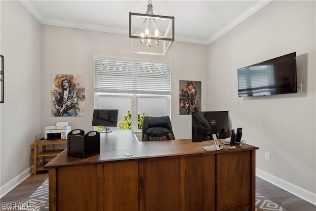 office space featuring dark hardwood / wood-style flooring, crown molding, and a notable chandelier