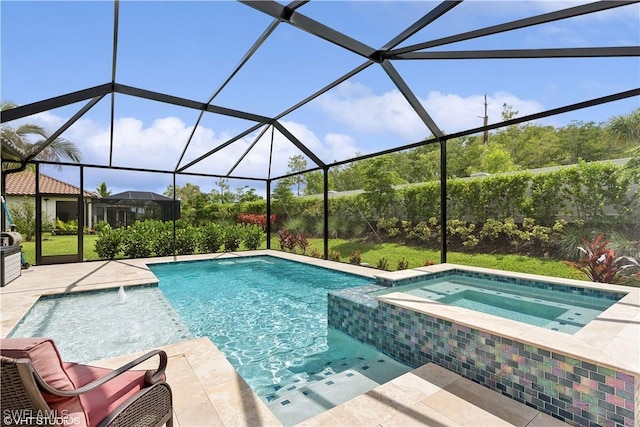 view of pool with an in ground hot tub and glass enclosure