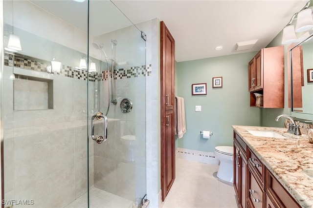 bathroom with toilet, visible vents, vanity, baseboards, and a stall shower