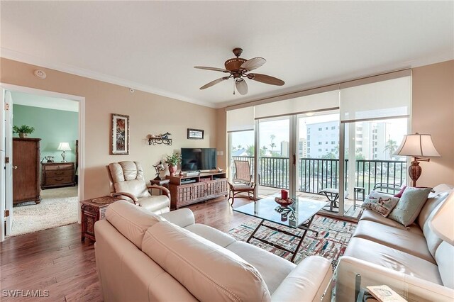 living room featuring dark hardwood / wood-style floors, ceiling fan, and ornamental molding