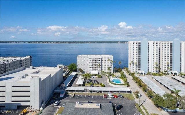 drone / aerial view featuring a water view