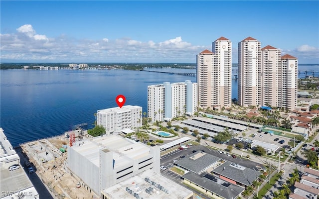 drone / aerial view with a water view