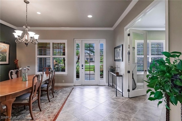 interior space featuring light tile patterned floors, crown molding, and a notable chandelier