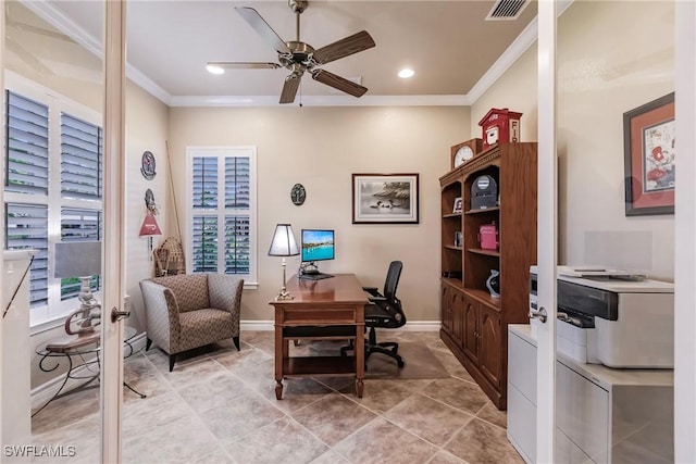 office space with ceiling fan and ornamental molding