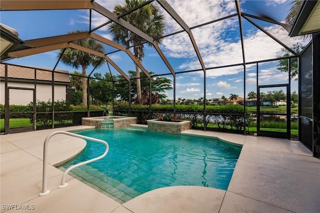 view of pool featuring a lanai and an in ground hot tub