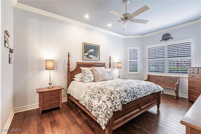 bedroom featuring ceiling fan, crown molding, and dark hardwood / wood-style floors