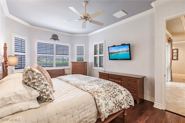 bedroom with ceiling fan, dark hardwood / wood-style flooring, and ornamental molding