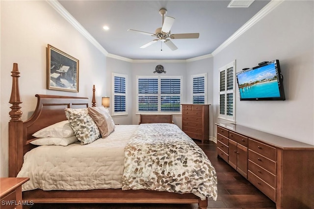 bedroom with ceiling fan, dark hardwood / wood-style flooring, and crown molding