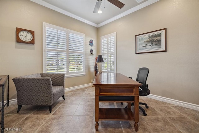 office area with crown molding, tile patterned floors, and ceiling fan