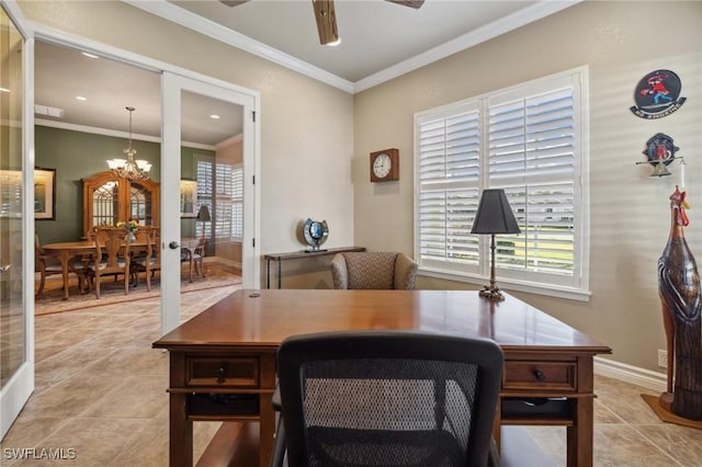 office featuring crown molding, plenty of natural light, ceiling fan with notable chandelier, and light tile patterned floors