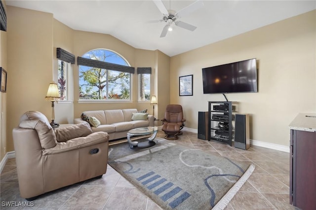 living room with lofted ceiling, light tile patterned floors, and ceiling fan