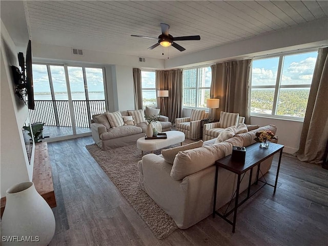 living room featuring ceiling fan, dark hardwood / wood-style floors, and wooden ceiling