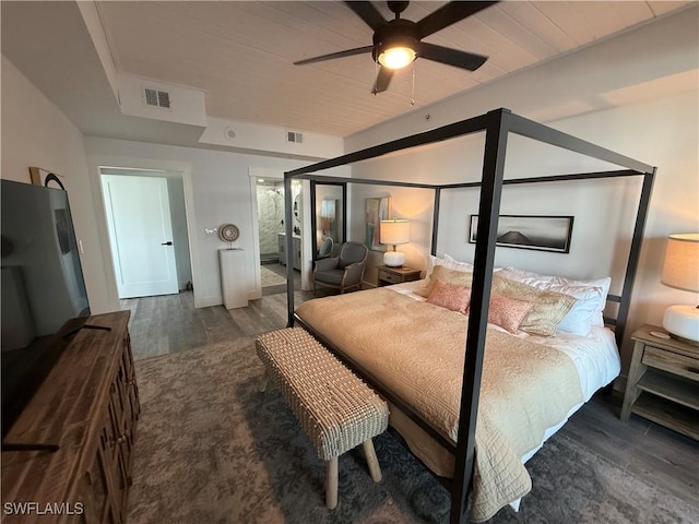 bedroom featuring ceiling fan, wooden ceiling, and dark hardwood / wood-style flooring