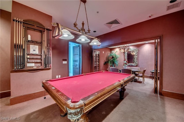 recreation room featuring billiards and carpet flooring