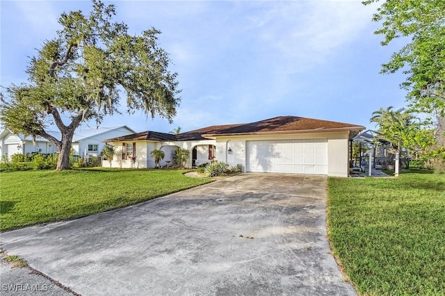 single story home featuring glass enclosure, a garage, and a front yard